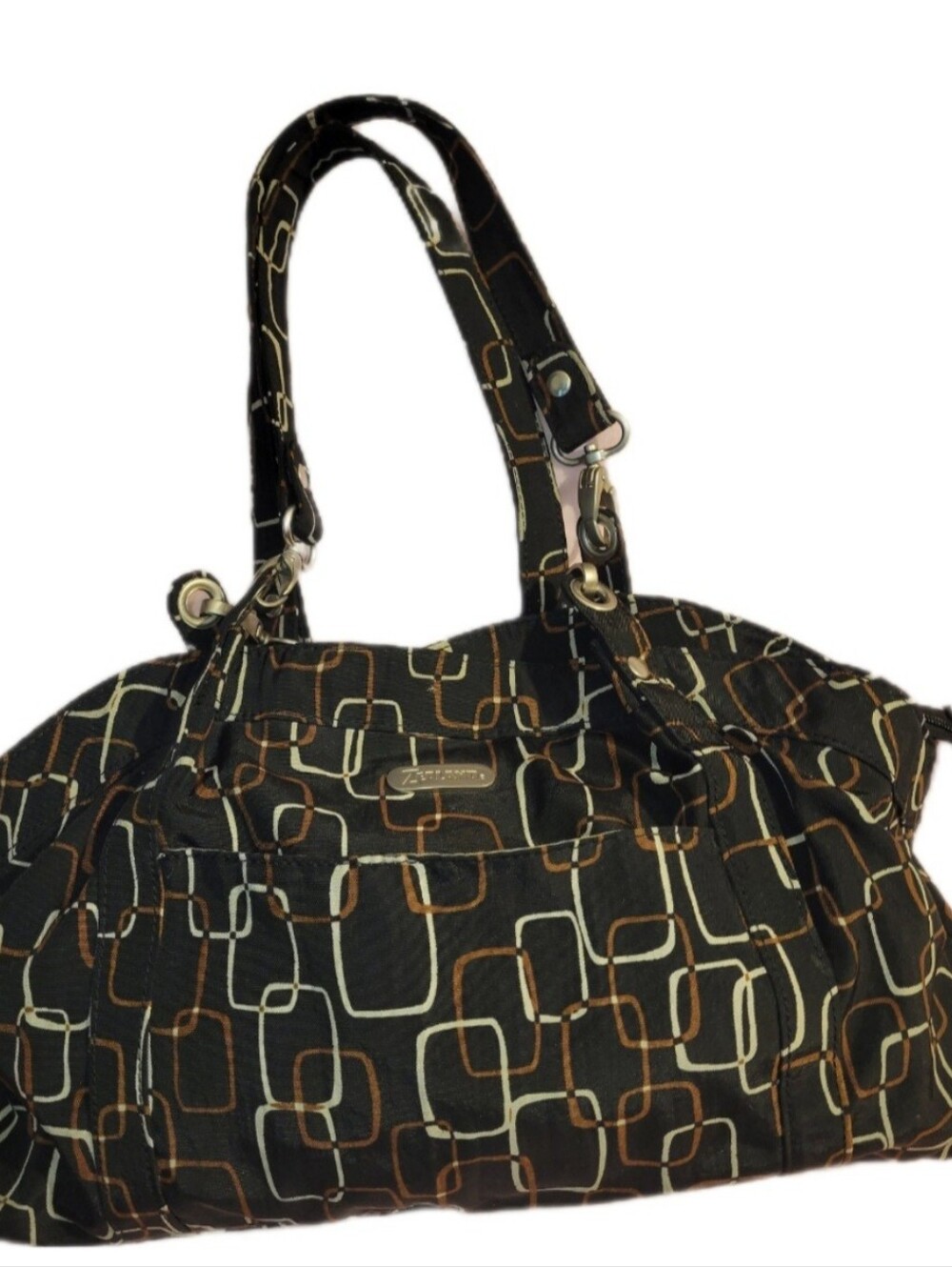 Zealand 2000s Black And Geometric Pattern Double Strap Bag Organizer Travel